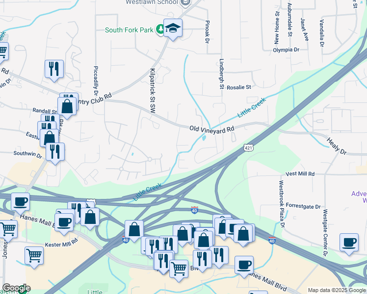 map of restaurants, bars, coffee shops, grocery stores, and more near 616 Vineyard Park Court in Winston-Salem