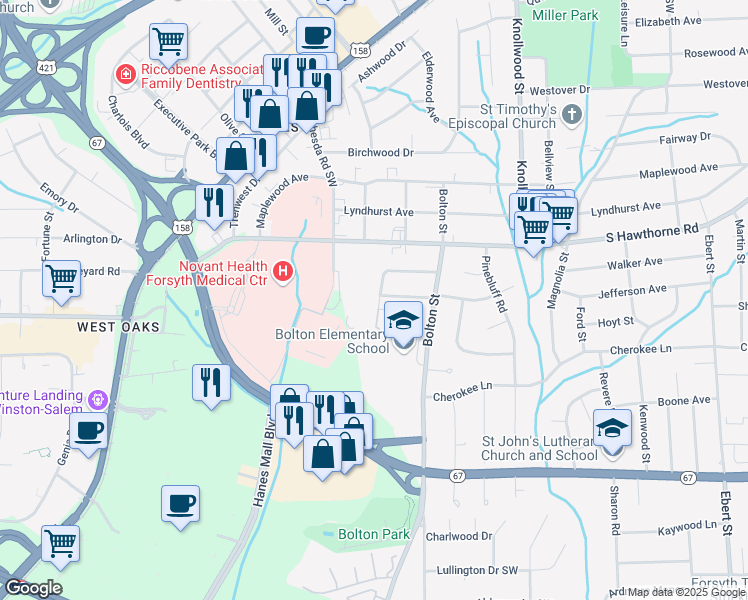 map of restaurants, bars, coffee shops, grocery stores, and more near 2863 Hermitage Drive in Winston-Salem