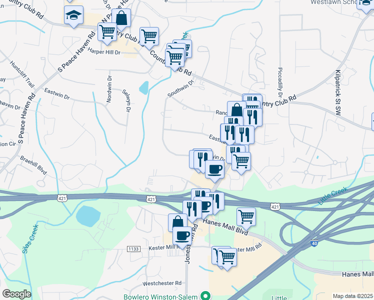 map of restaurants, bars, coffee shops, grocery stores, and more near 4729 Southwin Drive in Winston-Salem