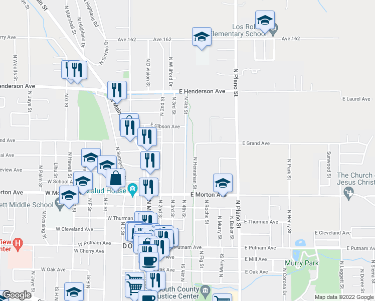 map of restaurants, bars, coffee shops, grocery stores, and more near 582 North 4th Street in Porterville