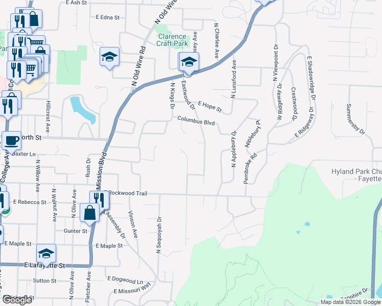 map of restaurants, bars, coffee shops, grocery stores, and more near 1000 North Crest Drive in Fayetteville