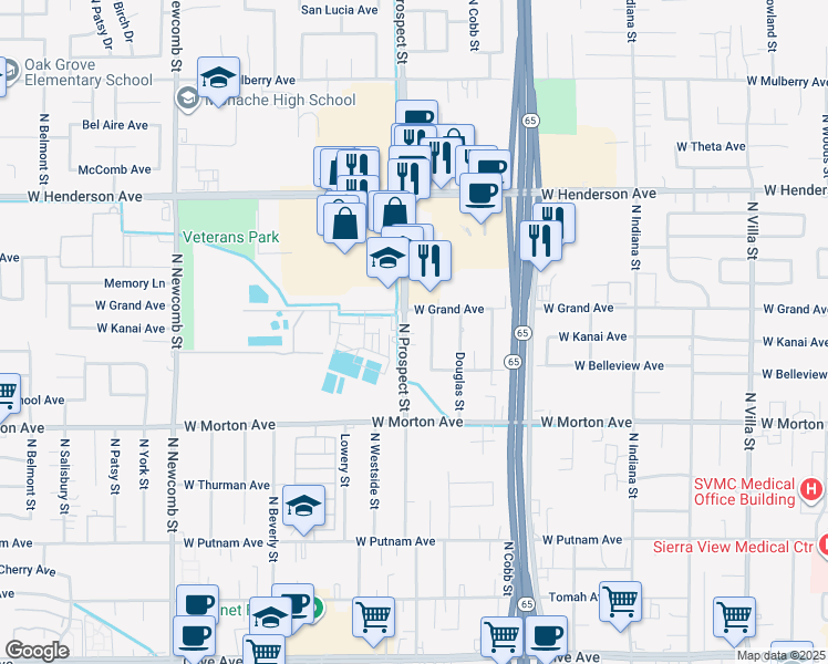 map of restaurants, bars, coffee shops, grocery stores, and more near 595 North Maston Street in Porterville