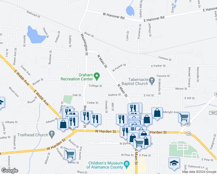 map of restaurants, bars, coffee shops, grocery stores, and more near 592 North Street in Graham