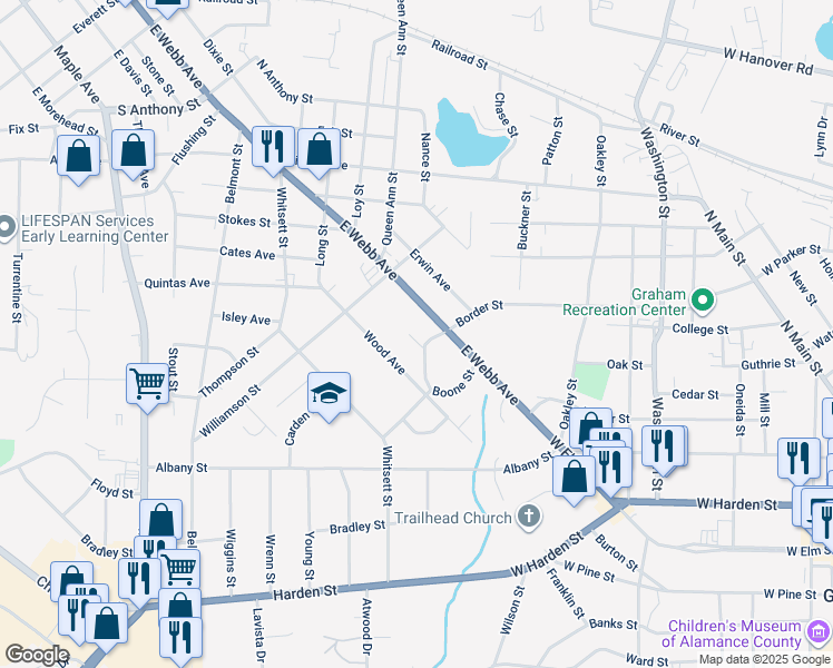 map of restaurants, bars, coffee shops, grocery stores, and more near 1732 Biltmore Street in Burlington