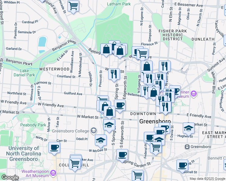 map of restaurants, bars, coffee shops, grocery stores, and more near 311 North Spring Street in Greensboro