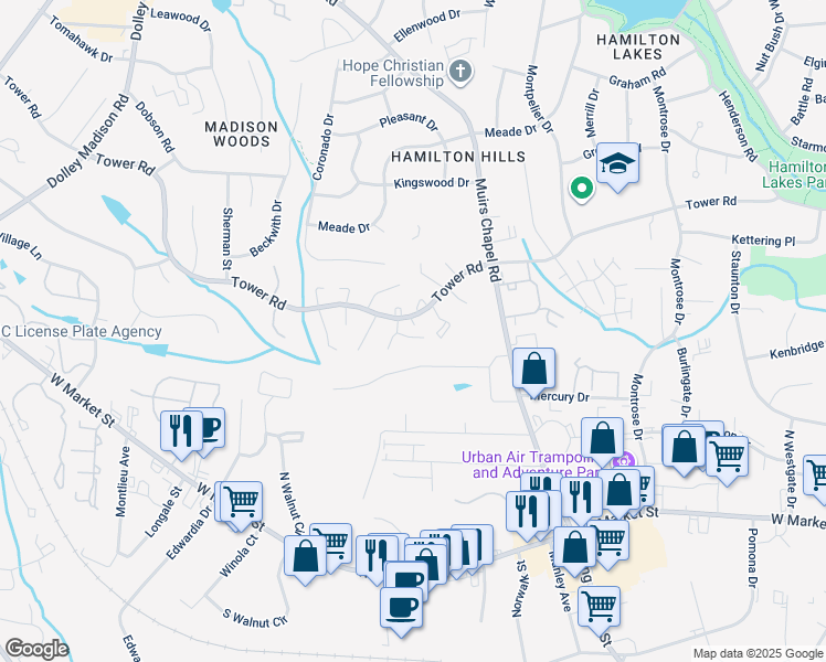 map of restaurants, bars, coffee shops, grocery stores, and more near 4839 Tower Road in Greensboro