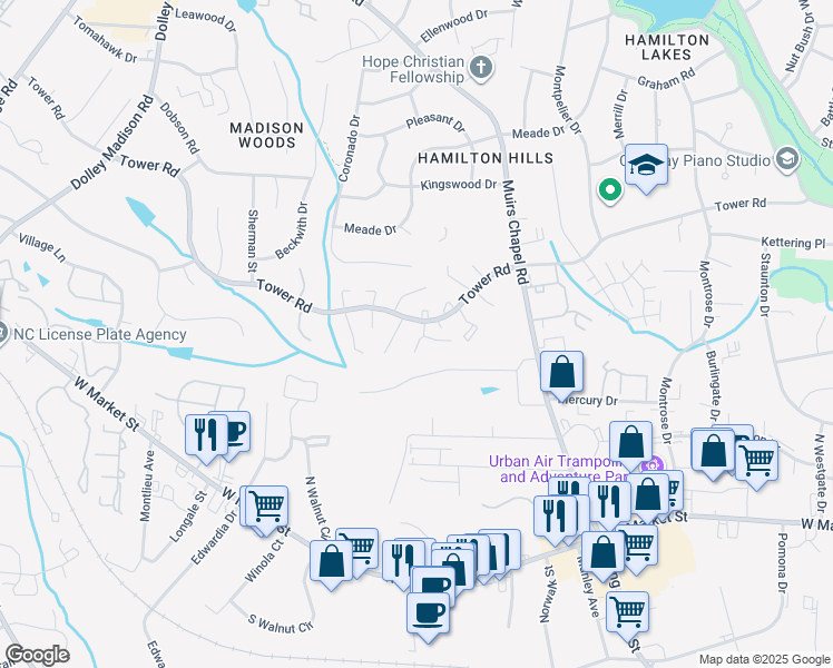map of restaurants, bars, coffee shops, grocery stores, and more near 4839 Tower Road in Greensboro