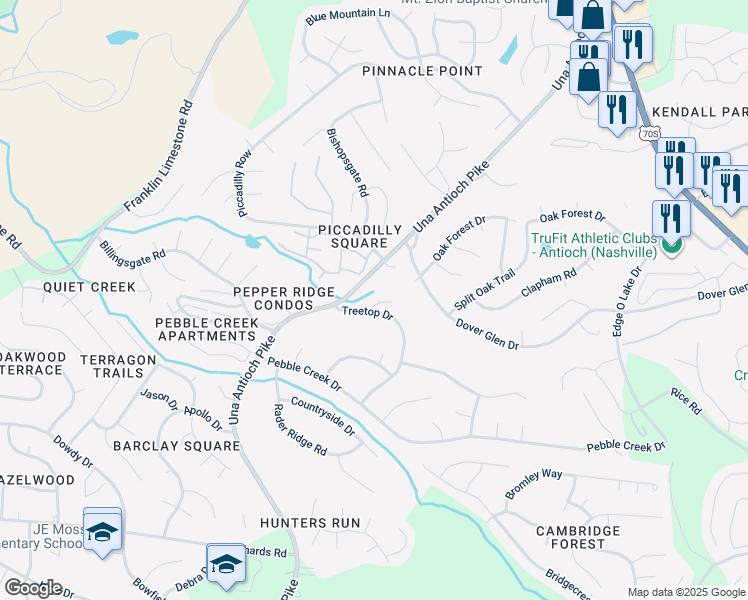 map of restaurants, bars, coffee shops, grocery stores, and more near 523 Shawa Trail in Nashville