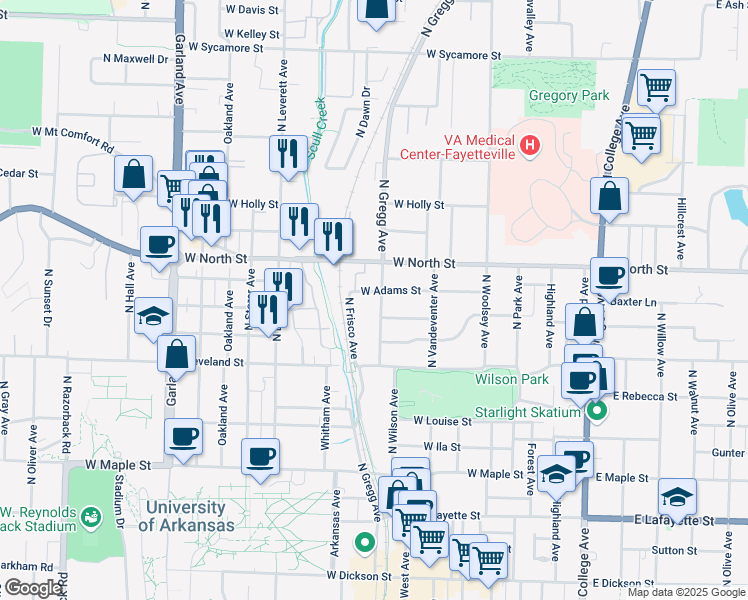 map of restaurants, bars, coffee shops, grocery stores, and more near 626 West Adams Street in Fayetteville