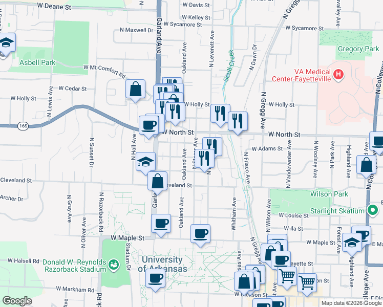 map of restaurants, bars, coffee shops, grocery stores, and more near 929 Oakland Avenue in Fayetteville