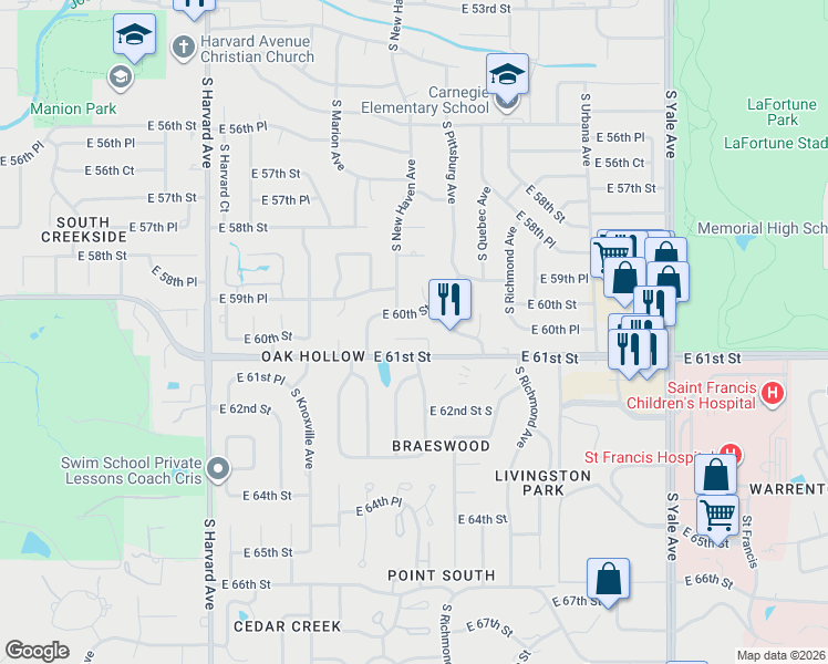 map of restaurants, bars, coffee shops, grocery stores, and more near 3910 East 60th Street in Tulsa