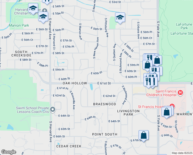 map of restaurants, bars, coffee shops, grocery stores, and more near 3910 East 60th Street in Tulsa