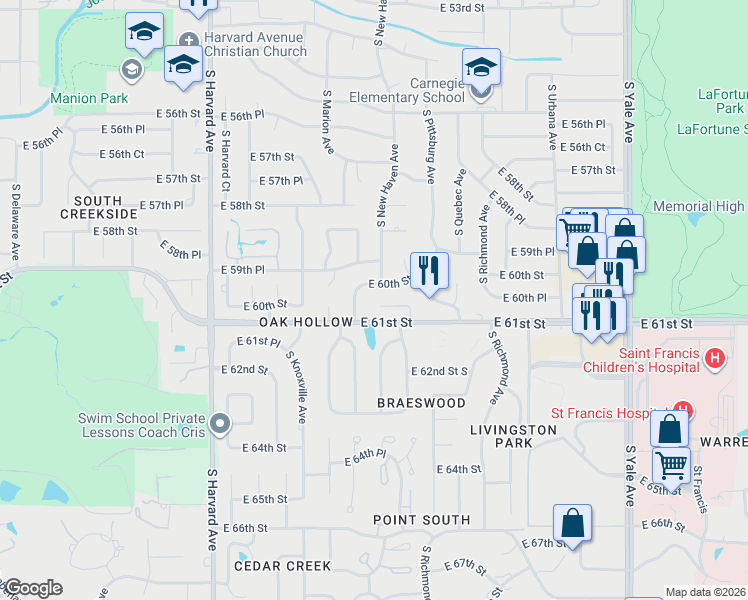 map of restaurants, bars, coffee shops, grocery stores, and more near 2929 South Garnett Road in Tulsa