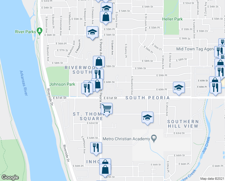 map of restaurants, bars, coffee shops, grocery stores, and more near 1320 East 60th Street in Tulsa
