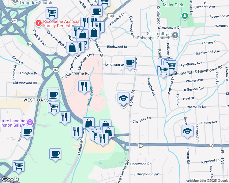 map of restaurants, bars, coffee shops, grocery stores, and more near 2863 Hermitage Drive in Winston-Salem