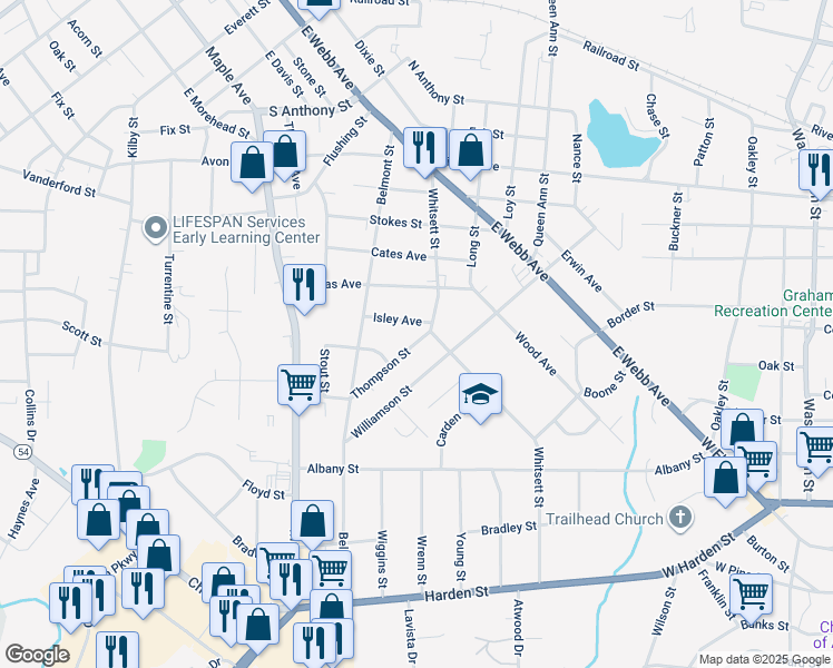 map of restaurants, bars, coffee shops, grocery stores, and more near 307 Thompson Street in Burlington