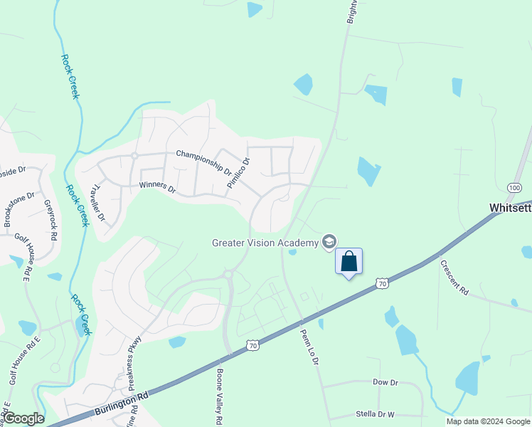 map of restaurants, bars, coffee shops, grocery stores, and more near 6843 Derby Run Drive in Whitsett