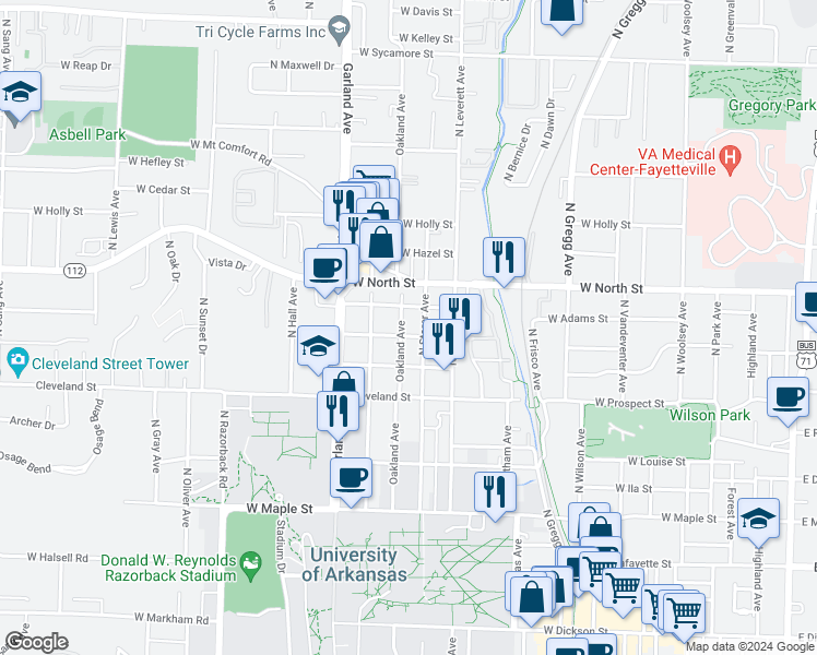 map of restaurants, bars, coffee shops, grocery stores, and more near 940 Oakland Avenue in Fayetteville