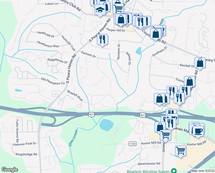 map of restaurants, bars, coffee shops, grocery stores, and more near 509 Westwin Drive in Winston-Salem