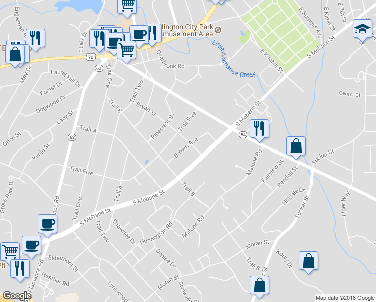 map of restaurants, bars, coffee shops, grocery stores, and more near 1801 Brown Avenue in Burlington