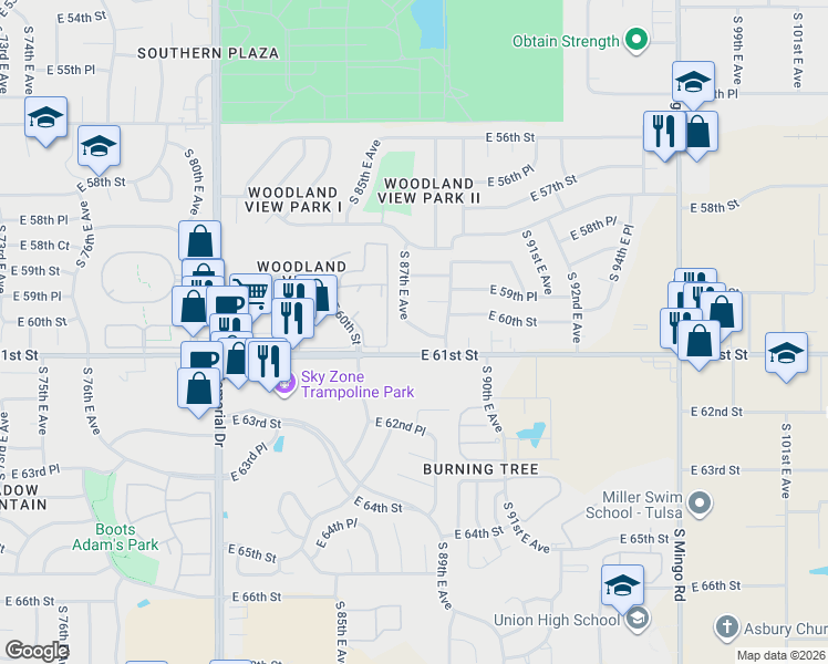 map of restaurants, bars, coffee shops, grocery stores, and more near 8714 East 60th Place in Tulsa