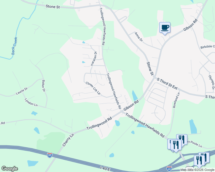 map of restaurants, bars, coffee shops, grocery stores, and more near 733 Trollingwood Road in Haw River
