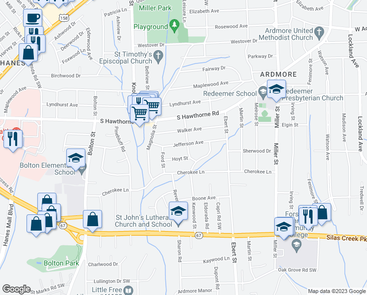 map of restaurants, bars, coffee shops, grocery stores, and more near 2406 Jefferson Avenue in Winston-Salem
