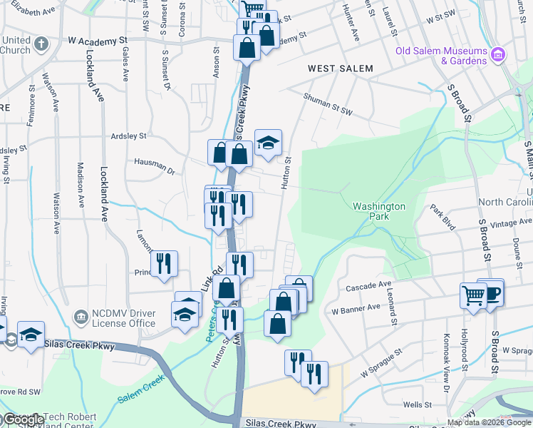 map of restaurants, bars, coffee shops, grocery stores, and more near 1040 Hutton Street in Winston-Salem