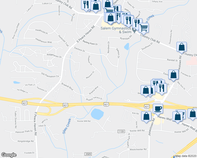 map of restaurants, bars, coffee shops, grocery stores, and more near 4810 Gladwyn Drive in Winston-Salem