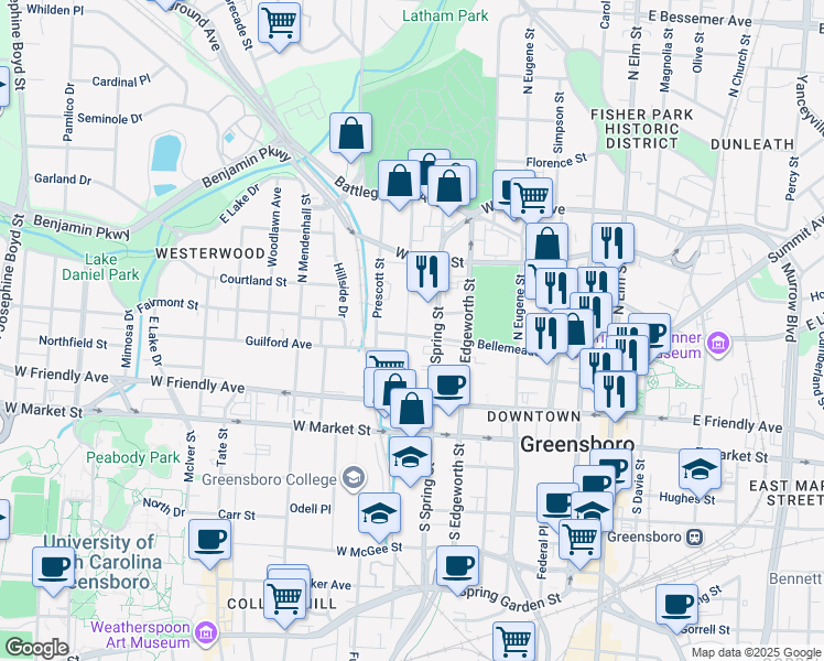 map of restaurants, bars, coffee shops, grocery stores, and more near 407 North Cedar Street in Greensboro