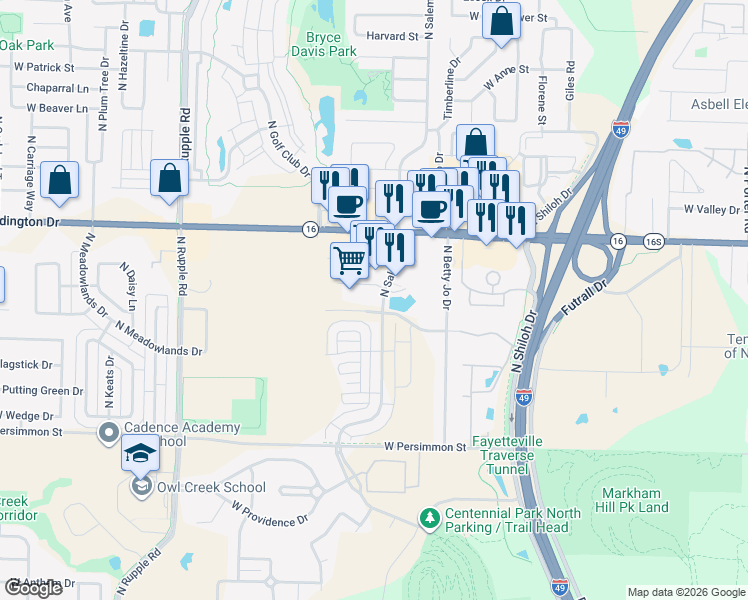 map of restaurants, bars, coffee shops, grocery stores, and more near 3395 North Salem Road in Fayetteville