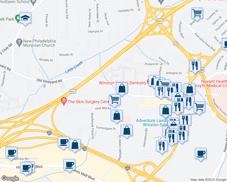map of restaurants, bars, coffee shops, grocery stores, and more near 3450 Healy Drive in Winston-Salem