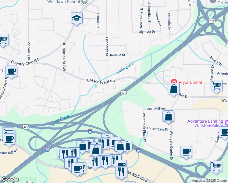 map of restaurants, bars, coffee shops, grocery stores, and more near 259 Olde Vineyard Court in Winston-Salem