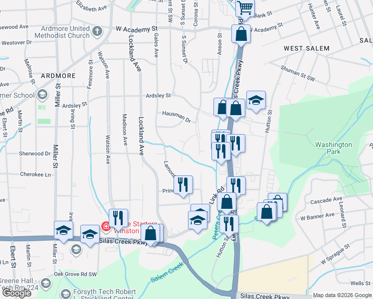 map of restaurants, bars, coffee shops, grocery stores, and more near 1724 Camden Road in Winston-Salem