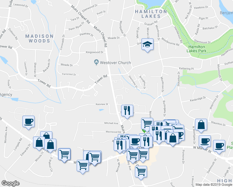 map of restaurants, bars, coffee shops, grocery stores, and more near 4769 Champion Court in Greensboro