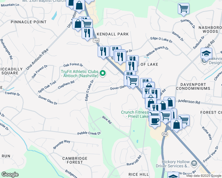map of restaurants, bars, coffee shops, grocery stores, and more near 431 Dover Glen Drive in Nashville