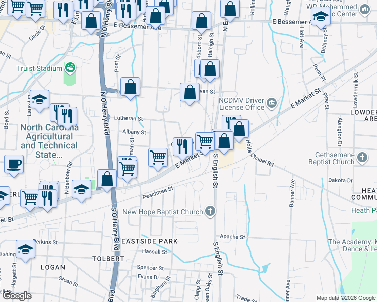 map of restaurants, bars, coffee shops, grocery stores, and more near in Greensboro