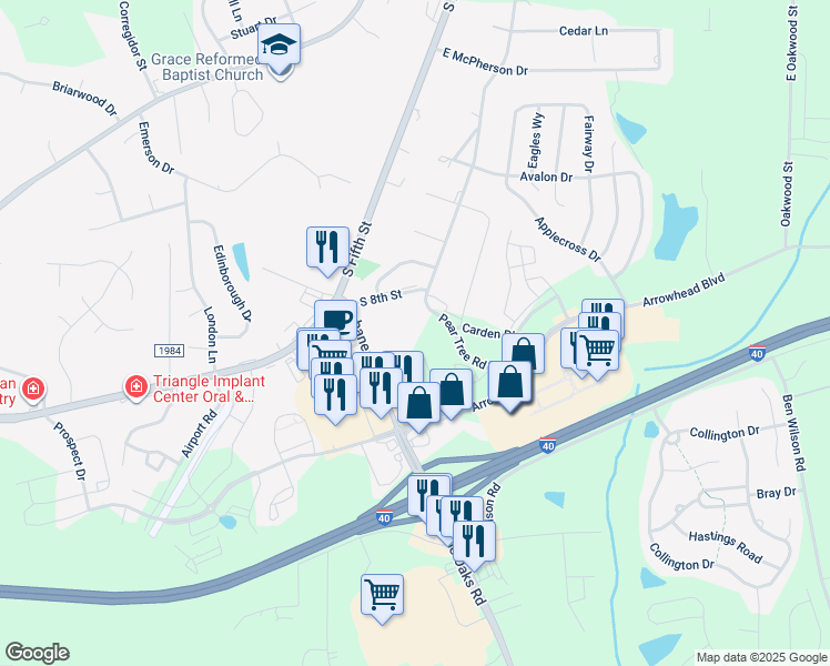 map of restaurants, bars, coffee shops, grocery stores, and more near Peartree Rd in Mebane