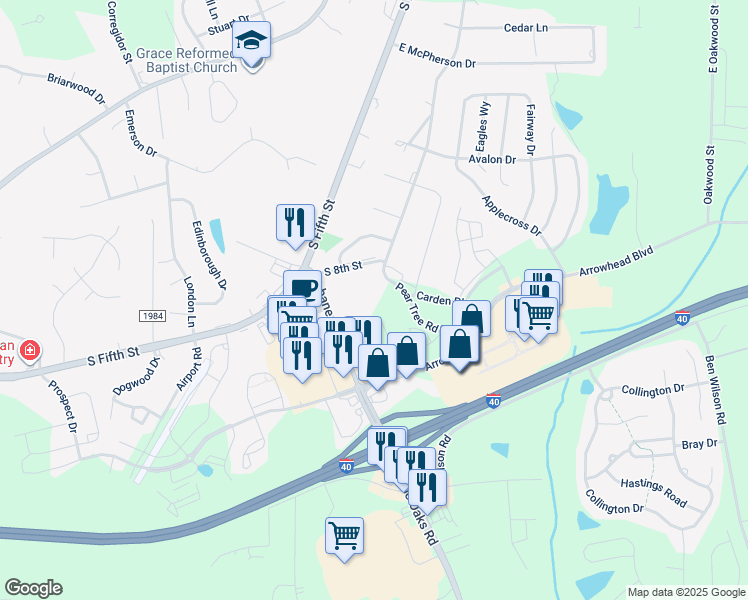 map of restaurants, bars, coffee shops, grocery stores, and more near Peartree Rd in Mebane