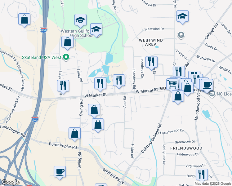 map of restaurants, bars, coffee shops, grocery stores, and more near 5500 Weslo Willow Circle in Greensboro