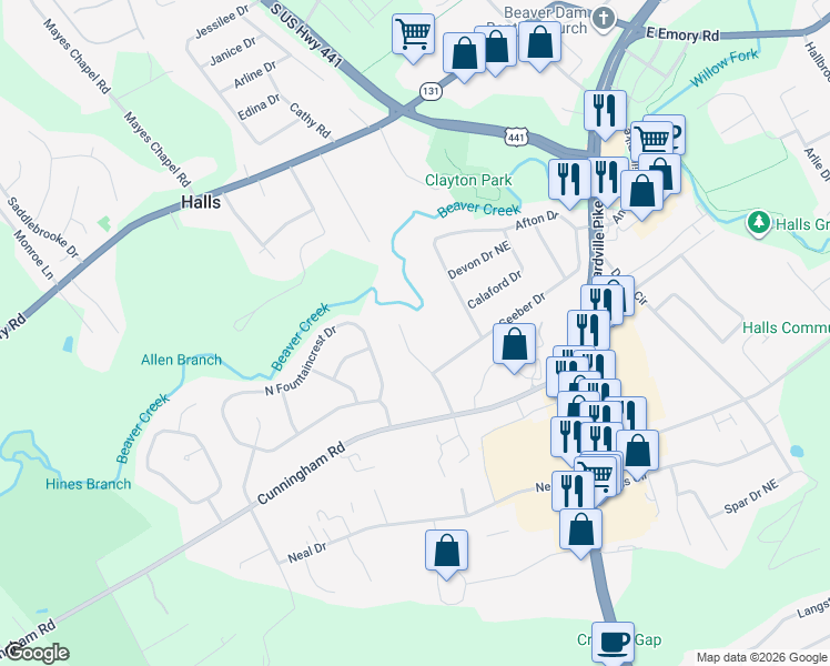 map of restaurants, bars, coffee shops, grocery stores, and more near 7116 Rollins Road in Knoxville
