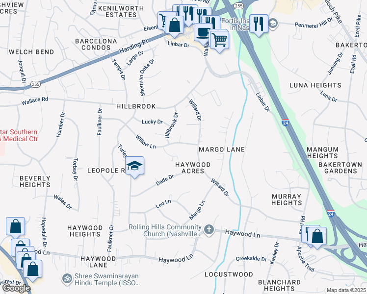 map of restaurants, bars, coffee shops, grocery stores, and more near 208 Willow Lane in Nashville
