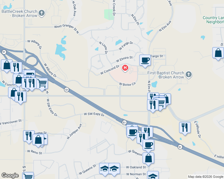 map of restaurants, bars, coffee shops, grocery stores, and more near 2450 North Stone Ridge Drive in Broken Arrow