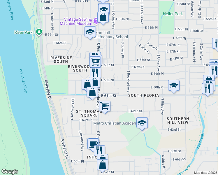 map of restaurants, bars, coffee shops, grocery stores, and more near 1320 East 60th Street in Tulsa