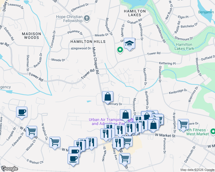map of restaurants, bars, coffee shops, grocery stores, and more near 4757 Champion Court in Greensboro