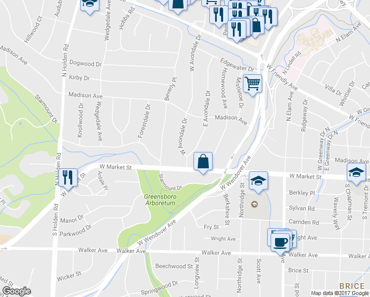 map of restaurants, bars, coffee shops, grocery stores, and more near 102 West Avondale Drive in Greensboro