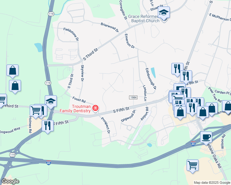 map of restaurants, bars, coffee shops, grocery stores, and more near 1119 Cedar Ridge Dr in Mebane