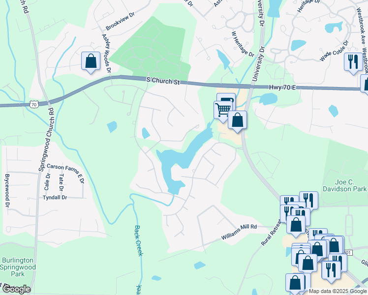 map of restaurants, bars, coffee shops, grocery stores, and more near Lochshire Drive in Burlington
