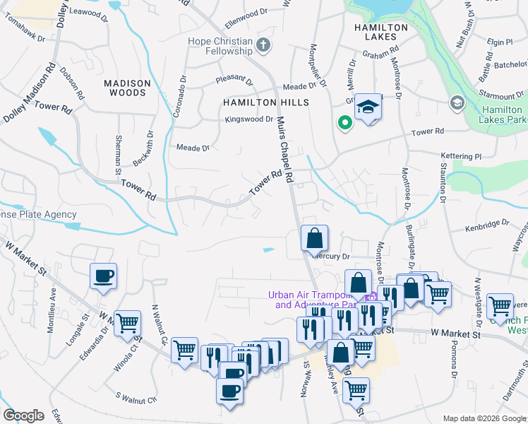 map of restaurants, bars, coffee shops, grocery stores, and more near 4823 Tower Road in Greensboro