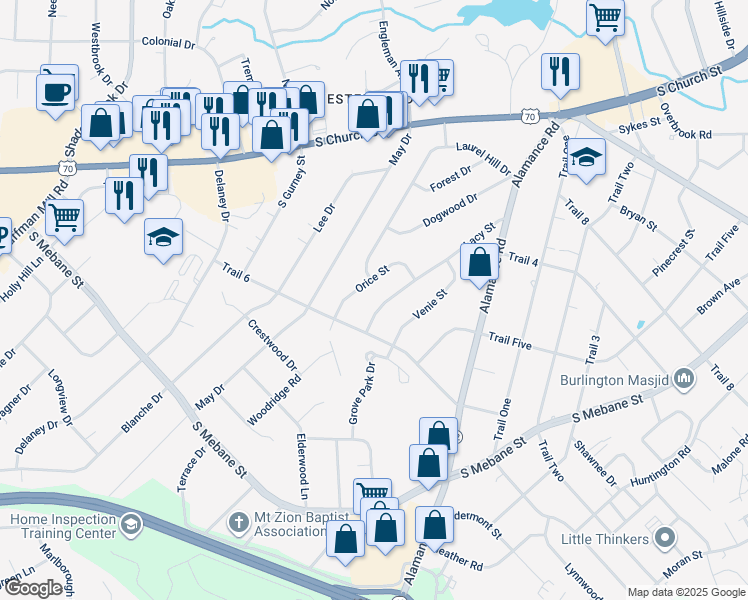 map of restaurants, bars, coffee shops, grocery stores, and more near 2506 Orice Street in Burlington